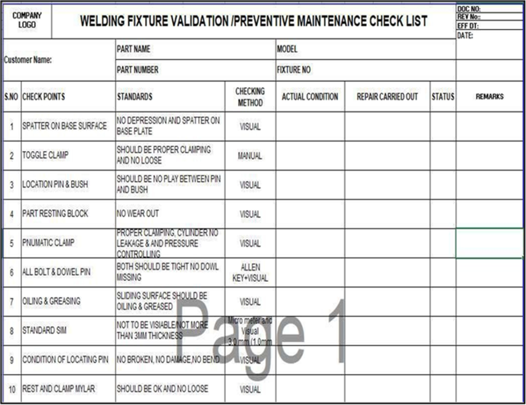 Welding Fixture PM Check List
